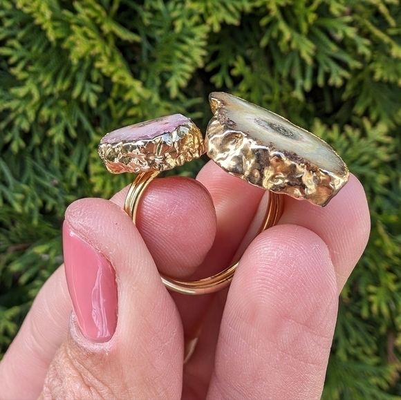 Artisan Handmade In Morocco Adjustable Boho Chic Double Geode Gold Ring Size 10 - Picture 6 of 8